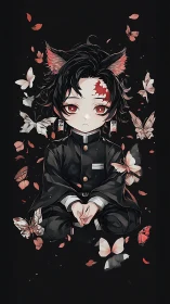 Anime boy with fox ears sits amid floating butterflies