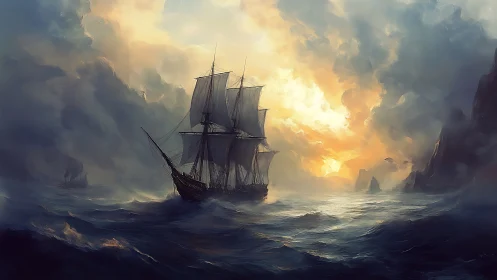 Sailing vessel on open sea under dense clouded sunset.