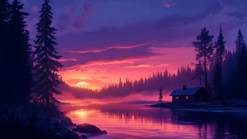 Vibrant lakeside sunset with cabin and pine forest skyline.