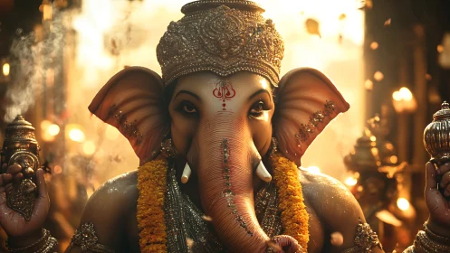 Ganesha deity glows amid candles and marigold garlands.