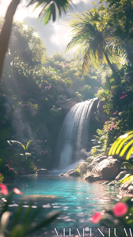 Sunlit tropical waterfall cascades into turquoise forest pool