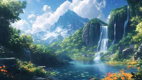 Sunlit alpine waterfall valley under towering snow peak.