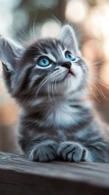 Adorable Gray Kitten Gazes Upward With Sparkling Blue Eyes