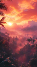 Dreamy tropical sunrise glowing over misty jungle valley.