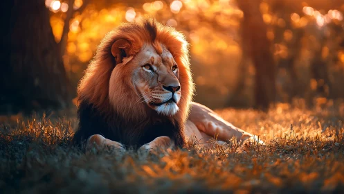 Golden hour lion resting softly in a forest glow.