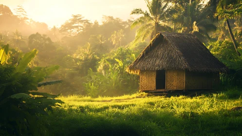 Tropical bamboo hut catches sunrise over lush rainforest