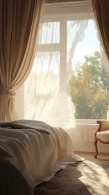 Sunlit bedroom interior with bed, window, and armchair.