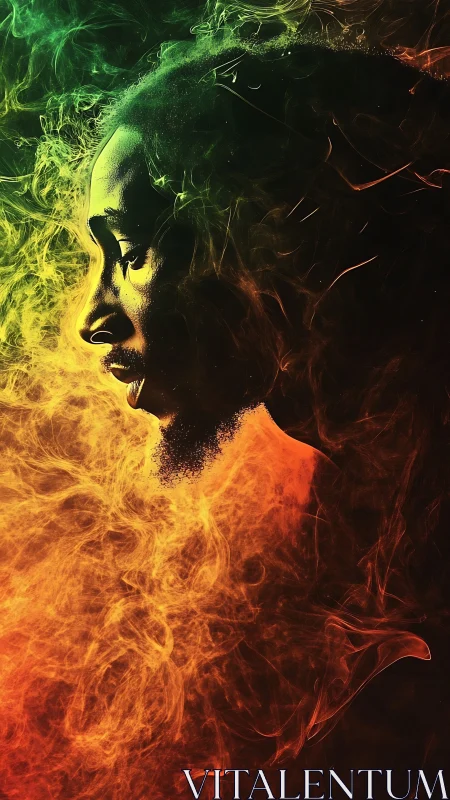 Soulful profile wrapped in glowing reggae-colored smoke.