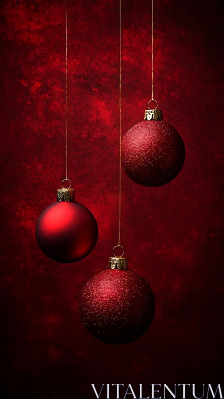 Three red Christmas baubles hang against textured backdrop