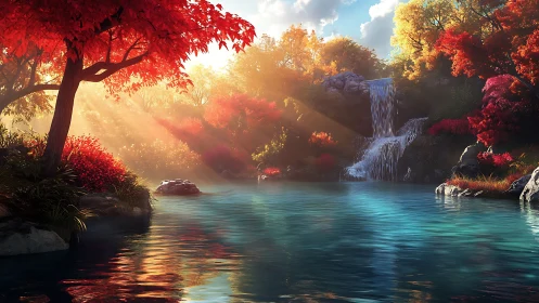 Digital painting of autumn waterfall cove with radiant light.