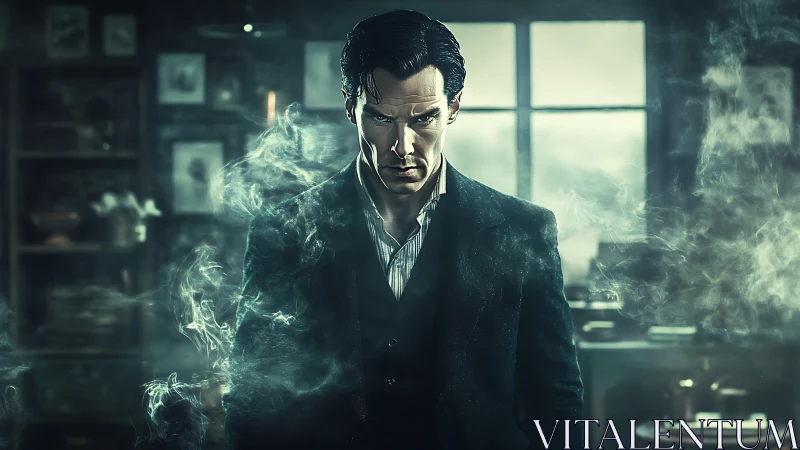 Man in dark suit amid smoke in dim interior setting.