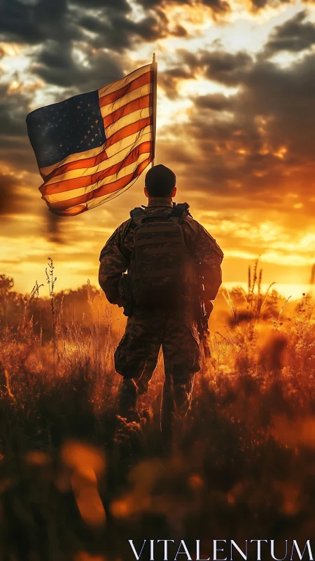 Backlit soldier silhouette holding US flag at sunset field