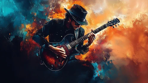 Chromatic blues guitarist amid turbulent bokeh-styled pigments.