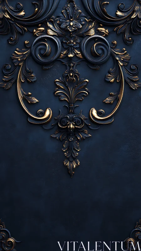 Dark blue baroque panel with ornate gold scrollwork.