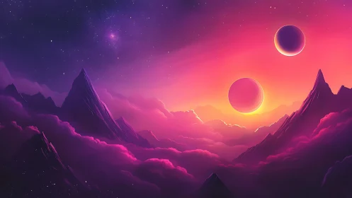 Dual planets over violet mountains in luminous sky.