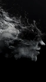 Smoke-born visage dissolving into liquid starlit fragments.