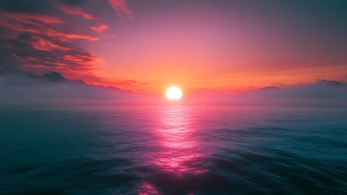 Radiant neon sunset over misty mountains and calm sea.