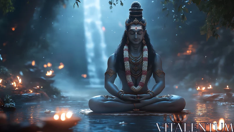 Digital depiction of meditating figure in forest pool.