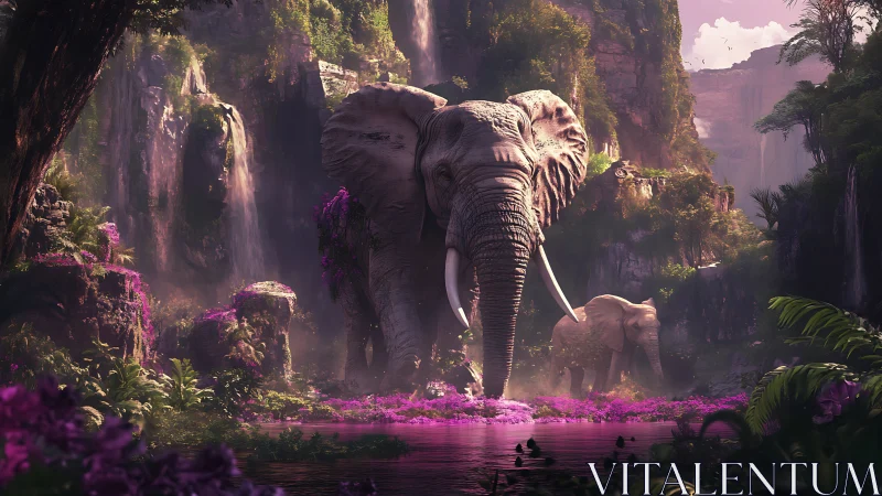 Majestic elephants crossing luminous jungle river gorge.