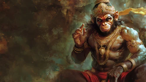 Mythic simian warrior deity in ornate gold regalia.