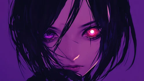 Enigmatic cyber gaze glows softly in violet neon light