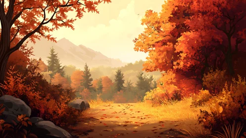 Autumn Valley Landscape: Mountains Framed by Golden Trees