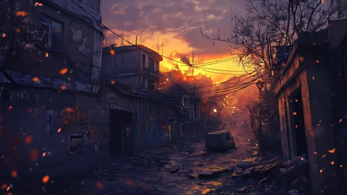 Burning sunset spills over a ruined urban backstreet.