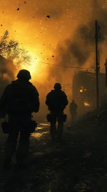 Soldiers advance through burning debris and explosive fire.