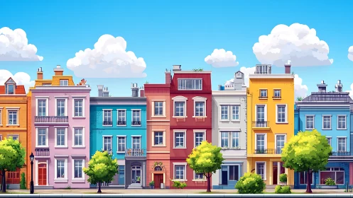 Row of colorful midrise townhouses under clear sky.
