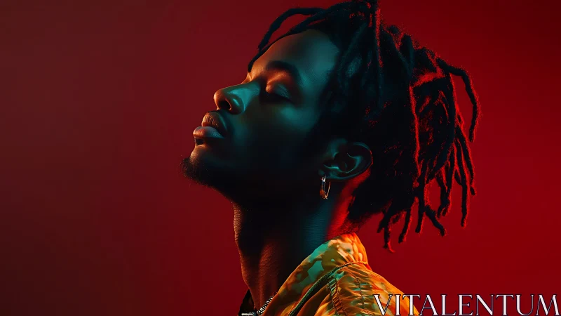 Side-profile portrait under teal rim and red key lighting.