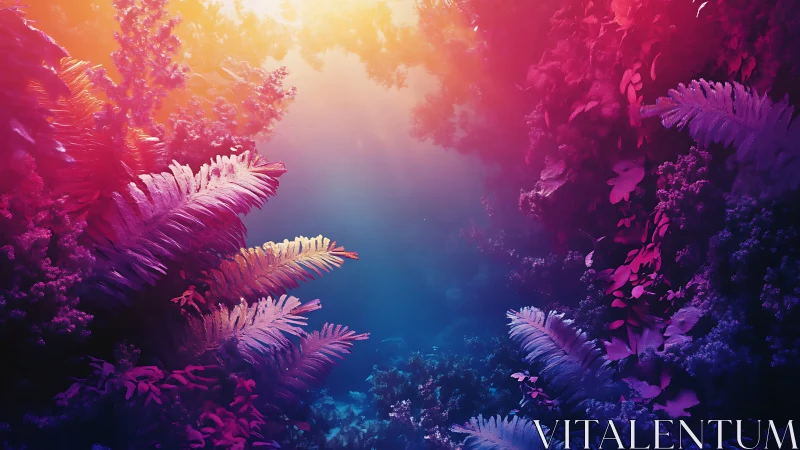 Radiant dreamlike forest glows in rich neon twilight hues