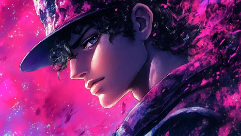 Moody anime hero in cosmic pink and purple glow.