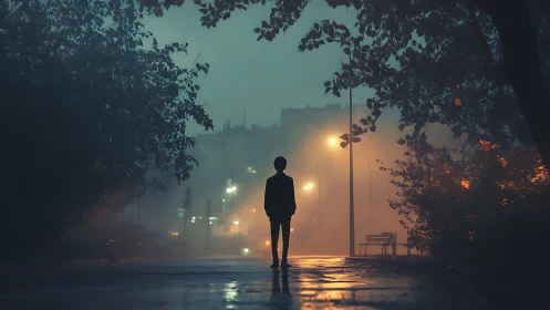 Silhouette under rainlit streetlamps in misty night park.