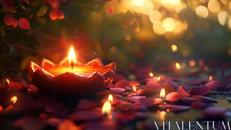 Glowing red diya flame illuminates petals in warm bokeh light