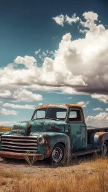 Weathered turquoise pickup truck in open rural field.