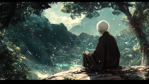 Solitary robed figure studies misty forest river valley