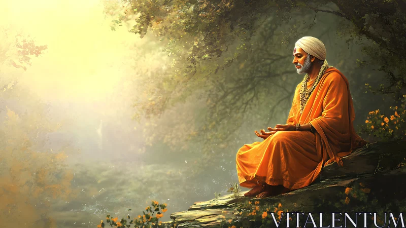 Sunlit sage in saffron robes meditating by a forest edge.