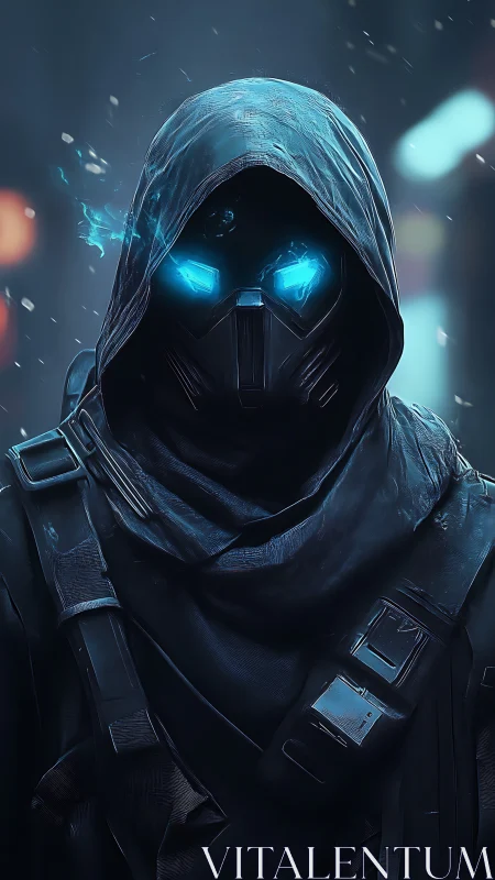 Hooded cybernetic assassin stands in cold neon alley