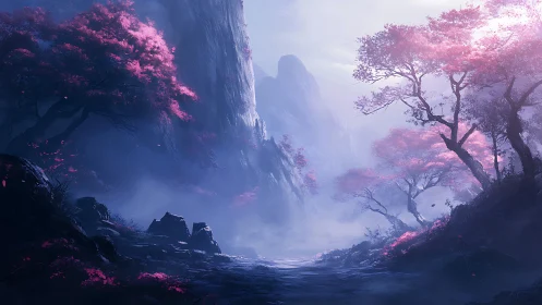 Luminous pink trees line misty mountain valley path