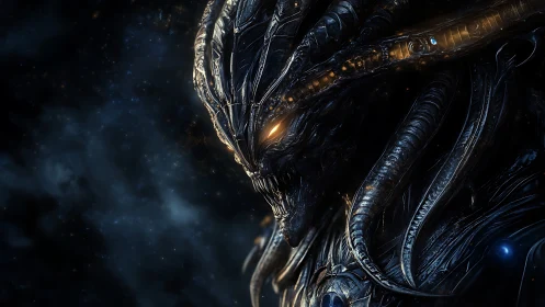 Biomechanical alien warlord rendered with high-specular 3D shaders