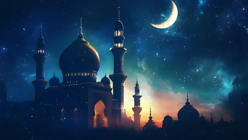 Night skyline with domed mosque and crescent moon above.
