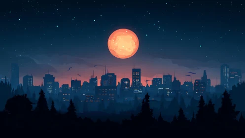 Digital painting skyline under oversized lunar dusk glow.