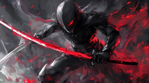 Armored cyber ninja lunges forward with blazing red blade.