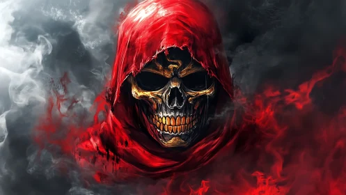 Smoldering hooded skull wrapped in fiery red shadows.