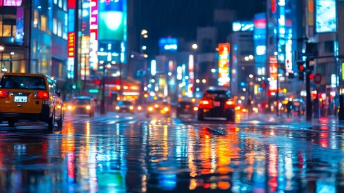 Neon-saturated wet city artery with bokeh-laden traffic flow.