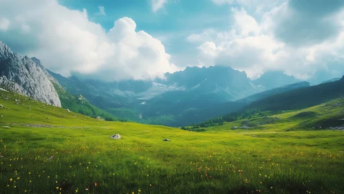 Sunlit alpine meadow below distant blue mountain range.