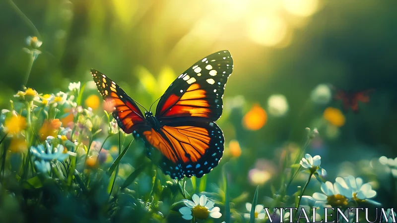 Monarch butterfly resting in sunlit wildflower meadow.