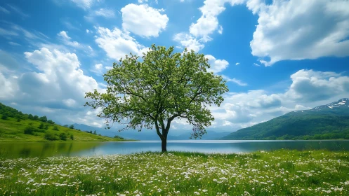 Solitary green tree stands beside calm lake under bright clouds