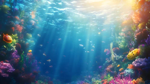 Sunlit coral reef scene with tropical fish and clear water.