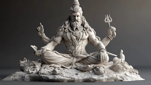 Sacred multi-armed deity statue in meditative stone pose.